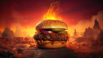 Tasty burger from hell with fire background. Created with Generative AI.