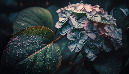 Poster - Fresh raindrop reflects hydrangea vibrant purple beauty generated by AI