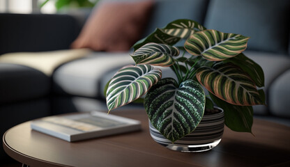 Sticker - Green houseplant in modern vase on wooden table generated by AI