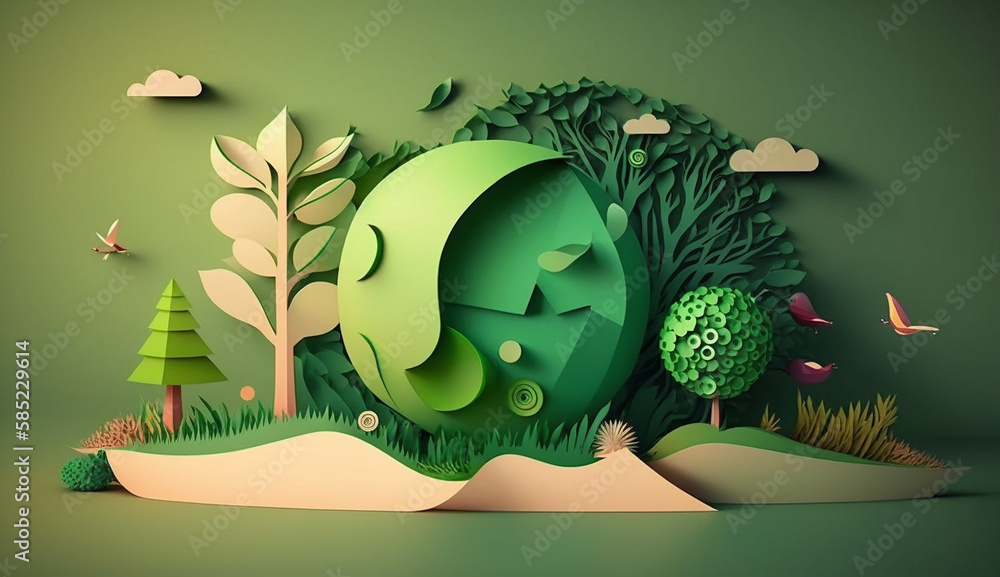 Green paper cut design as world decorate by forest and leaf with cute ...