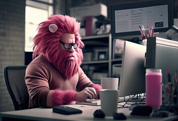 Portrait of an anthropomorphic pink lion as a developer in the office. Generate Ai.