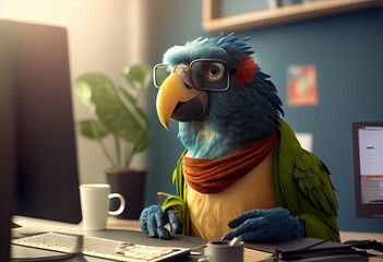 Portrait of an anthropomorphic parrot as a developer in the office. Generate Ai.