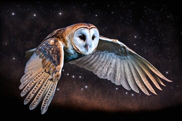 mystic wings in flight – an alluring fantasy barn owl soaring amongst the stars generative ai