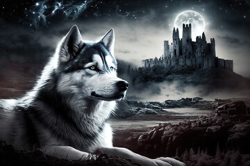 Wall Mural - silver moons sparkling light: a fantasy siberian husky illustration generative ai