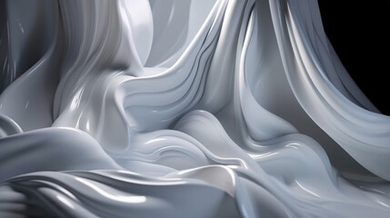 White Wavy Satin glass Background, Neon Lighting highlights a white silk fabric blowing in the wind folds -Generative AI