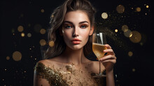 A Girl In A Shiny Golden Elegant Dress With A Glass Of Champagne In Her Hands For The Holiday .Generative AI