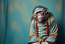 Sad Monkey Wearing Circus Clothes Suffering From Being Tired At Work, C Created With Generative AI Technology