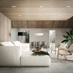 Wall Mural - Modern interior design. Home apartment with living room and dining table. 3D Rendering, 3D Illustration