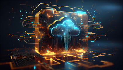 Digital informational technology web futuristic hologram with cloud icon, blue golden light digits and code background, cloud computing. Abstract Motion of digital data flow. - Generative AI
