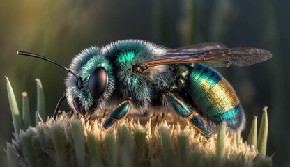 Sticker - Yellow flower attracts small honey bee pollinating generated by AI