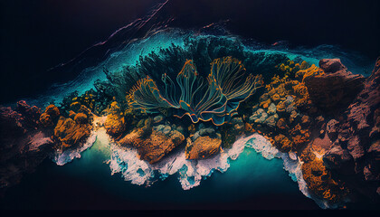 Wall Mural - Tropical seashore underwater landscape. Coral reef top view. Coral reef underwater photo.