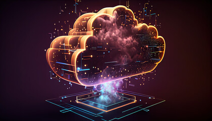 Digital informational technology web futuristic hologram with cloud icon, blue golden light digits and code background, cloud computing. Abstract Motion of digital data flow. - Generative AI