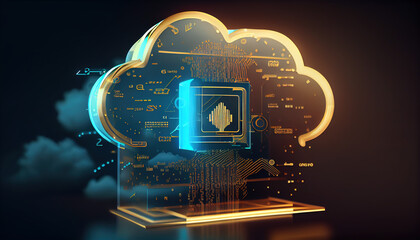 Digital informational technology web futuristic hologram with cloud icon, blue golden light digits and code background, cloud computing. Abstract Motion of digital data flow. - Generative AI