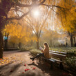 A young woman is sitting on a bench in a peaceful park