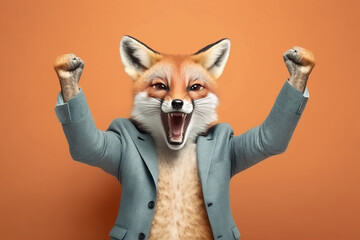 Studio portrait of young happy amazed excited fox in a suit, created with Generative AI technology
