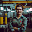 © annzabella - Young woman worker at industrial factory, wearing a hardhat and unifform. Female engineer in safety helmet standing inside production plant building, Genarative AI