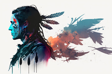 Profile of native american man, fierce warrior, double exposure with feathers, mountain, night black forest, AI generative illustration in watercolor and fine liner style