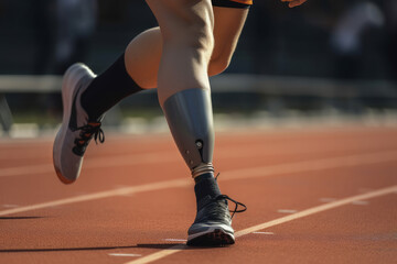 Close up of a disabled person with a prosthetic leg exercising on a sports track. Generative ai