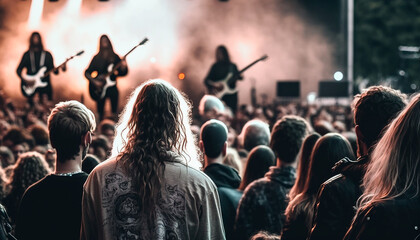 Rear view of audience people in a rock music concert. Generative AI