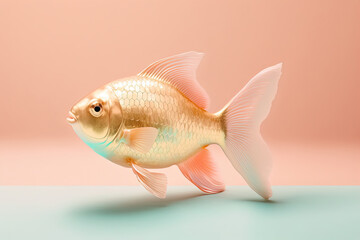 Wall Mural - Gold fish portrait on pink and green warm background