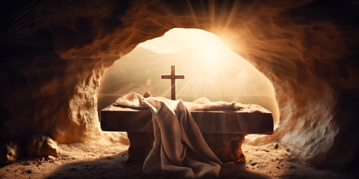 tomb empty with shroud and crucifixion at sunrise. resurrection of jesus christ. ai generated, human