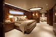 © MVProductions - Wide-angle photo of an interior of a luxurious boat cabin with a big neatly made bed, lacquered wood paneling decoration. Luxurious yacht cabin, generative ai