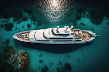 Top Down Drone View Of A Luxury Yacht On The Sea, Generative Ai