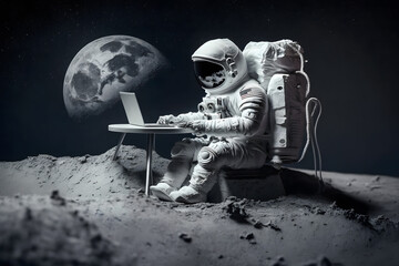 Wall Mural - astronaut in outer space working on a laptop. neural network ai generated art