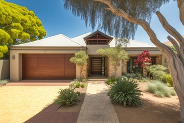 Wall Mural - Contemporary luxury house exterior, with garage, garden and trees. Generative AI