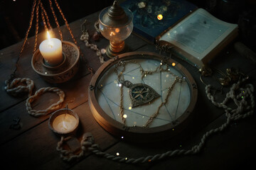 Wall Mural - Spell books, burning candles, amulets on witch table. AI Generated