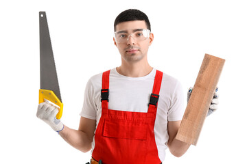 Canvas Print - Young carpenter with wooden plank and handsaw on white background