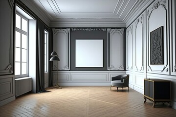 Wall Mural - A grand, empty room with a parquet floor with stucco panels, molding, and frames. Large, open studio with furnishings and advertising product mock-ups, copyspace, generative ai