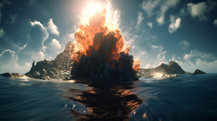 Wall Mural - Volcan exploding on sea larva splash generative ai