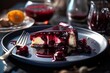 © Elle Arden  - A delicious looking piece of cheesecake with berry sauce and topping. Generative AI.