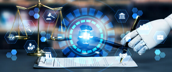 Wall Mural - AI related law concept shown by robot hand using lawyer working tools in lawyers office with legal astute icons depicting artificial intelligence law and online technology of legal law regulations