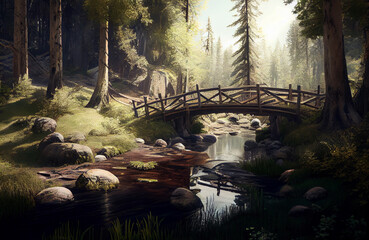 Old wooden bridge in the middle of the forest with natural environment and beautiful tree landscape, calm scenery of trees, water stream and a beautiful river with a wood bridge for crossing, green, b