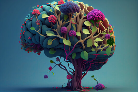 Illustration of a brain combined with nature, Healthy mind, 3D digital art brain, nature, mental health, beautiful mind, nature, plants, concept art, ai generated art