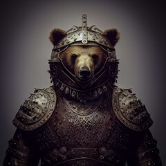 Knight bear armored in iron ammunition on black background. High quality illustration