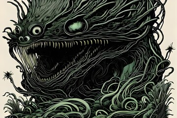 Sticker - A slimy, tentacled alien monster with glowing eyes and sharp teeth in an organic ink and charcoal Generative AI