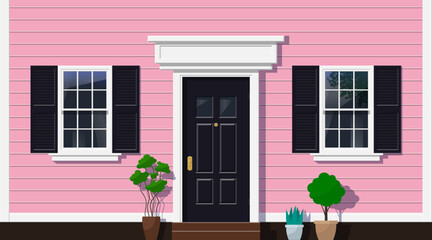 Wall Mural - colonial house facade  front entrance door windows with shutters  potted plants exterior design vector illustration