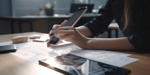 Close up ux developer and ui designer use augmented reality brainstorming about mobile app interface wireframe design on desk at modern office.Creative digital  Generative AIdevelopment agency