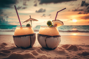 two coconuts with straws on the beach with palm trees at sunset. summer vacation . Generative AI