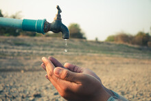 Hand For Drinking Water To Live Through Drought, Concept Drought And Crisis Environment.