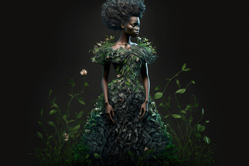 Gorgeous dress made of grass and flowers. AI generated image