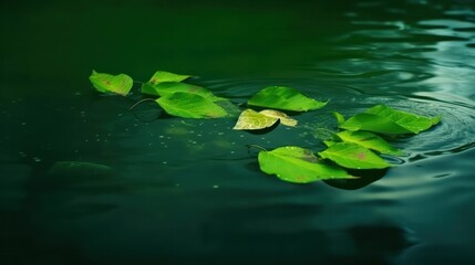 Wall Mural - Green leaves floating in the pond after falling in from the trees above. Generative AI.