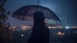 Silhouette of a Mysterious Woman with an umbrella in a rainy night. Generative AI.