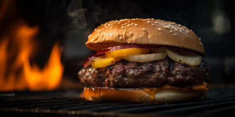 burger on Grill background. barbecue fire grill close-up. Generative AI