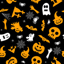 Seamless Vector Pattern For Halloween Design. Halloween Symbols: Ghost, Bat, Pumpkin In Cartoon Style. Vector Illustration