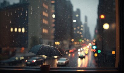  a person holding an umbrella on a rainy day in the city.  generative ai