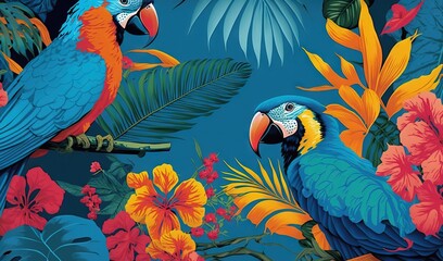 Canvas Print -  a painting of two colorful parrots in a tropical scene.  generative ai